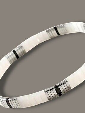Stackable Black, White, Silver Tila Glass Beaded Stretch Bracelet 6.5"